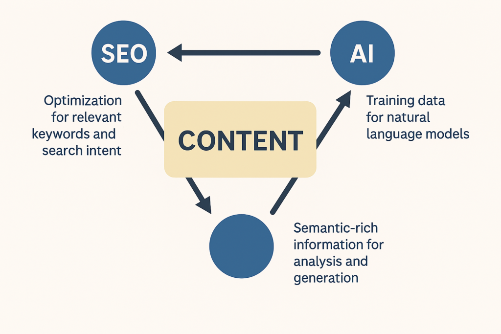 A diagram showing how SEO optimization with keywords impacts how information can be analyzed and train AI natural language models. 